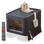 Pawsayes Foldable Cat Litter Tray with Lid, Large Top Entry Litter Box with Litter Scoop, Enclosed Splash-Proof and Leak-Proof Cat Potty (Black+Mat)