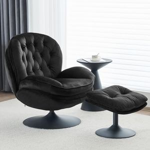 Velvet Swivel Accent Chair with Ottoman Set, Modern Tufted Armchair with Footrest for Living Room, Reading TV Chair for Adults, Comfy Chaise Lounge Chairs with 360 Degree Swiveling for Bedroom, Black