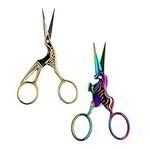SINGER 4 Inch Forged Embroidery Scissors with Curved Tip for Sewing, Cross-Stitching, Crafts, & More (Gold Stork & Spectrum Finish Unicorn Designs, 2-Pack)