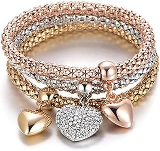 SILANER Crystal Charms Multilayer Bracelets - 3PCS Gold/Silver/Rose Gold Corn Chain Bracelet for Women, Tree of Life Heart Shaped Stretch Bracelet(Solid Hearts Charm)