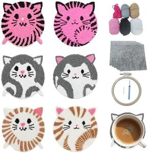 57lilina Punch Needle Coaster Kit for Adults Beginners, 6 Set Complete Animal Cat Punch Needle Stitching Embroidery Art Kit, Step-by-Step Guide Make Punch Needling Drink Coasters for Starter