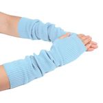 Zeltauto Women’s CASHMERE Blend Knit Arm Warmers Elbow Length Long Fingerless Gloves Mittens with Thumb Hole (Light Blue)