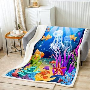 Kids Cartoon Jellyfish Plush Throw Blanket Cute Ocean Creature Fleece Blanket Sea Underwater World Sherpa Blanket for Sofa Couch Bedroom Decor Colorful Marine Sealife Warm Fuzzy Blanket Twin 60"x80"
