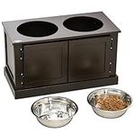 PawHut Large Storage Stand Elevated Dog Bowls, Elevated Dog Food Storage Cabinet with 2 Stainless Steel Bowls, Brown