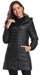 Obosoyo Women's Winter Packable Down Jacket Plus Size Lightweight Long Down Outerwear Puffer Jacket Hooded Coat Black XL