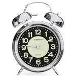 CHEREEKI Analogue Alarm Clock, No Ticking, Retro Double Bell Alarm Clock with Naghlight and Green Fluorescent Large Dial, Alarm Clock Loud for Deep Sleepers, Children, Seniors, Silver