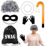 9 Pcs Burglar Granny Costume Set for Adult Kids, Bank Robber Costume Kit with Wig, Hairnet, Eye Mask, Gloves, Swag Bags, Inflatable Crutch, Pearl Jewelry Gangster Set for Halloween, World Book Day