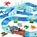 264 PCS Shark Race Tracks for Kids Toys, Glow in The Dark Magic Toy Set, 2 Shark Cars Track, Flexible DIY Track Set, Birthday Gift for Age 3-9 Boys Toddler Girls