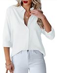 hellobaby Womens Button Down Shirts V Neck Long Sleeve Office Casual Business Plain Blouse Tops with Pocket (Medium, White)