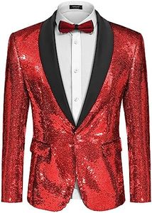 COOFANDY Shiny Sequins Suit Jacket Blazer One Button Tuxedo Christmas Nightclub Red