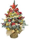 45CM Mini Christmas Tree Artificial Tabletop Christmas Tree with LED Lights, Small Xmas Tree with Star Tree Topper, Balls, Bows, Pine Cones for Christmas Decorations(Red Golden Silver)