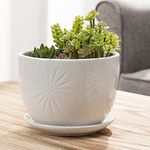 MyGift 7 Inch Sunburst Design Round Ceramic Flower Pot with Attached Saucer, White