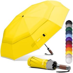 Royal Walk Windproof Folding Travel Umbrella Compact and Strong Luxurious Real Wood Handle Automatic Open Close Vented Double Canopy for Men and Women (Yellow)