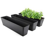 GREANER Window Boxes Planters, 3PCS 16x3.8 Inch Black Rectangle Planters Box with Drainage Holes and Trays, Herb Succulents Flowers Plastic Pot for Windowsill, Garden, Balcony, Indoor, Outdoor Decor