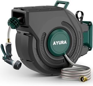 AYURA Retractable Garden Hose Reel 100 ft x 1/2 inch with Pro Metal Shaft, Heavy Duty Automatic Garden Hose Reels with Kink-Free Rewind and Lock at Any Length, Wall Mount Water Hose Reel for Outside