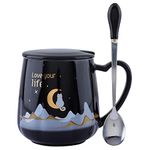 NYRWANA Love Your Life Coffee Mug, Mugs for Coffee, Diwali Gifts, Birthday Gift, Coffee Mug with Lid, Tea Mug, Cups and Mugs, Ceramic Coffee Mug, Cute Coffee Mug with Spoon (420ml - Black)