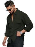 IndoPrimo Men's Regular Fit Fancy Double Pocket Casual Shirt for Men Full Sleeves - Cargo (in, Alpha, XL, Regular, Green)