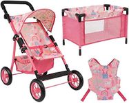 Cosatto Dolls Pram, Little Woo Travel Set, Pink Unicorn, Includes Stroller, Travel Cot & Baby Carrier