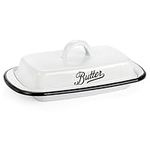 Suwimut Enamelware Butter Dish with Lid, Farmhouse White Butter Dish Vintage Style Black Rim Enamel Butter Container with Cover, Metal Butter Keeper Storage for countertop