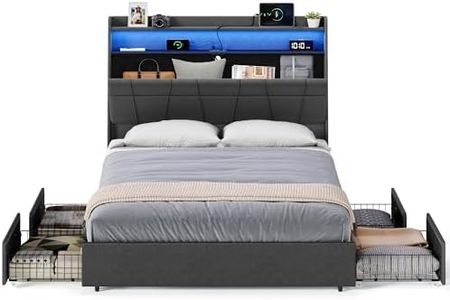 VASAGLE Queen Bed Frame with 51.4-Inch Tall Storage Headboard, Bed Frame Queen Size, with 4 Storage Drawers on Wheels, LED Lights, Charging Station, No Box Spring Needed, Modern, Dark Gray URMB891G02