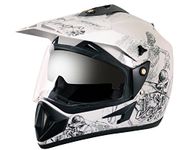 Vega Off Road Sketch ISI Certified Gloss Finish Full Face Dual Visor with Peak Helmet for Men and Women Outer Clear Visor and Inner Smoke Sun Visor(White Silver, Size:L)