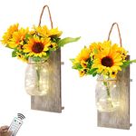 Rustic Mason Jar Wall Decor Sconces, Kitchenexus Decorative Mason Jar with Remote Control, LED Fairy Lights and and Sun Flowers, Farmhouse Home Decorations Wall Decor Living Room Lights, Set of Two