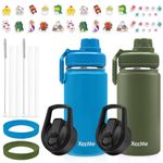 XccMe 16oz Kids Water Bottle,2 Pack Stainless Steel Drink Flask with 4 Lids,2 Straws,Straws Brushs,Silicone Boot and Stickers,Insulated Thermos for School Girls and Boys (Blue+Army Green)