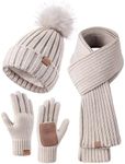 FISFET Hat Scarf and Gloves Set Ladies, Winter Beanie Hat for Women with Pom Pom Fleece Lined Warm Thermal, Bobble Hat Touchscreen Gloves Women Scarf Neck Warmer 3 in 1 Cold Weather Set, Oatmeal-, One