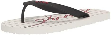 HUGO Men's Script Logo Stripe Print Flip Flops, Bright Alabaster/Darkest Black, 8