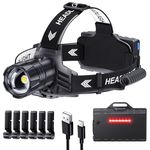 ET Head Torch Rechargeable, Super Bright 100000 LM LED Headlamp with 5 Modes & 30 Hours Runtime & IPX7 Waterproof & 120°Adjustable & Zoomable,Red Warning Headlight for Running Hiking Fishing Cycling