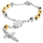 Jewelrywe Men Women's Stainless Steel Religious Catholic Rosary Beads Chain Bracelet with Crucifix Cross and Medal Silver, for Mother’s Day