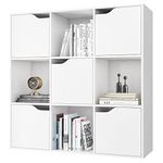 FirFurd White Bookcase 9 Cubes Storage Unit Wooden Bookshelf with 5 Doors Living Room Bookcase Freestanding Display Cabinet 90x29x90cm