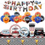 Poqirzan 98PCS Race Car Birthday Party Supplies Racing Party Tableware Set Include Checkered Flag Race Car Paper Plates and Napkins Dinnerware Set Balloons Racing Car Theme Party Decorations Serve 16