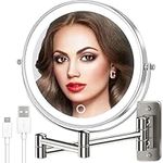 VESAUR 9" Rechargeable Wall Mounted Makeup Mirror, 1X/10X Double Sided Magnifying Vanity Mirror with 3 Colors, Adjustable Brightness, 17” Extendable 360° Rotation Bathroom Mirror,Senior Pearl Nickel