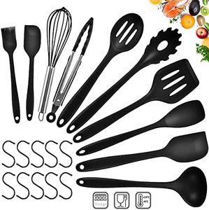 Utensilios de Cocina de Silicona Resistentes al Calor, Utensilios de Cocina de Silicona, Herramientas antiadherentes para Hornear en la Cocina 10 Juegos + 10 Ganchos S-Negro