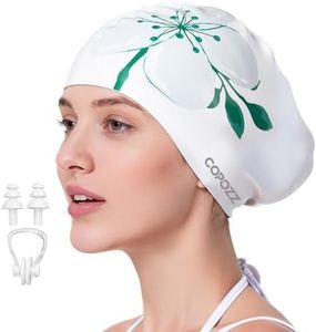 COPOZZ Extra Large Swim Cap for Women - Super Stretchy & Waterproof Silicone, Fits All Hair Types Long Short Thick Curly & Dreadlocks, Includes Earplugs & Nose Clip(Watercolor Flowers)