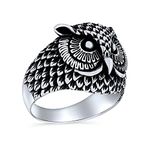 Unisex Personalized Protection Large Statement Old Wise Bird Night Owl Band Ring For Men Women Teen Oxidized .925 Sterling Silver