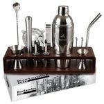 BarStash Bartender Kit - Premium Bar Tools Set with Unique Wooden Stand - House Warming Gifts New Home - Bar Accessories Home Bar Set, Cocktail Set, Bar Kit - Cocktail Recipe E-Book -Stainless Steel