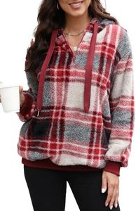 Yanekop Sweatshirt for Women Oversized Sherpa Hoodies for Women 2024 Fluffy Sweater(B Red Grey Plaid,L)