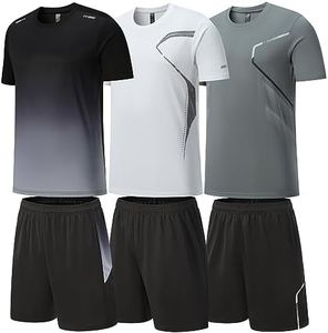 BOOMCOOL Gym Clothes for Men Workout Shirts Sets Outfits 3 Pack for Running Football Athletic Exercise Fit for Out T Sports…, Black White Gray, Medium