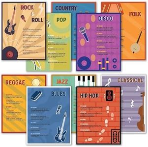 Psteres de gneros musicales para el aula - Paquete de 10 decoraciones para el aula de msica. Carteles de educacin musical para ensear rock, jazz, reggae y ms. Los psters de msica para el aula son de 13x17 pulgadas, de borrado en seco, fabricados en Estados Unidos.