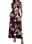 HAOMEILI Women's Short Sleeve Loose Plain Long Maxi Casual Dresses with Pockets(M,Floral Wine Red)