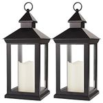 Bright Zeal 2-Pack 14" Decorative Candle Lantern Black Outdoor Lanterns with Timer Candles - IP44 Waterproof Vintage Lanterns Battery Powered LED Decorative for Wedding - Hanging Wall Lanterns Indoor