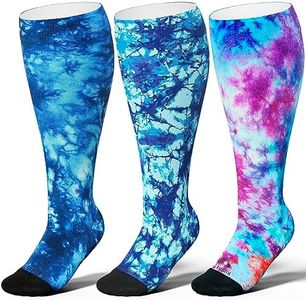 LEVSOX Plus Size Compression Socks Wide Calf Support Sock for Women & Men 15-20 mmHg Knee High Nurses Pregnant Travel, 3 Pairs/Blue Mix Printing, Large