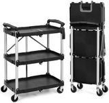 GarveeHome Collapsible Utility Cart, 3-Tier Foldable Service Cart with 360° Swivel Wheels, Ergonomic Handle, Heavy Duty Portable Rolling Tool Cart for Garage, Warehouse, Office, Black