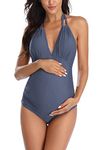 EastElegant Maternity Swimsuits One Piece V-Neck Pregnancy Swimwear Halter Maternity Bikini, Gray, Small