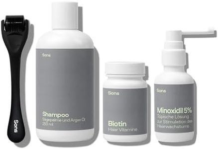 Sons Komplettbehandlung, Minoxidil 5%, Biotin & DHT blockierendes Shampoo + Derma Roller, Wachstumspflege bei Haarverlust & Ausdünnung für Männer, Begünstigt dichteres Nachwachsen - 1 Monat