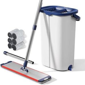 Easywring Washable Mop and Bucket with Wringer Set for Home, Durable and Sturdy Aluminum Flat Mop Head, 2-Chamber, Wet and Dry for All Surfaces, with 6 Reusable Microfiber Mop Pads 13 inch