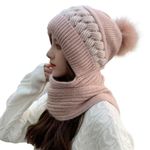 SYGA Women Winter Knitted Warm Hat with Scarf,Ear Protection Pompom Woolen Hat for Adult (Pink)