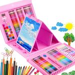 Shuban Plastic Deluxe Art Set Box & Drawing Kit With Crayons, Oil Pastels, Colored Pencil Deluxe Gift Art (208Pcs - Pink)